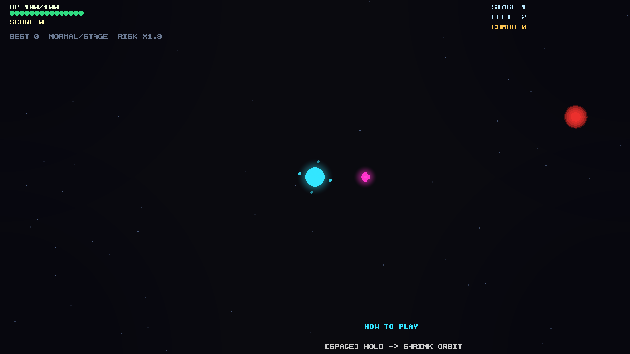 プレイ中の画面。Core を周回する Shield が Meteor を反射し、HUD に STAGE / LEFT（残り Spawner）/ COMBO / RISK 倍率と Core HP を表示
