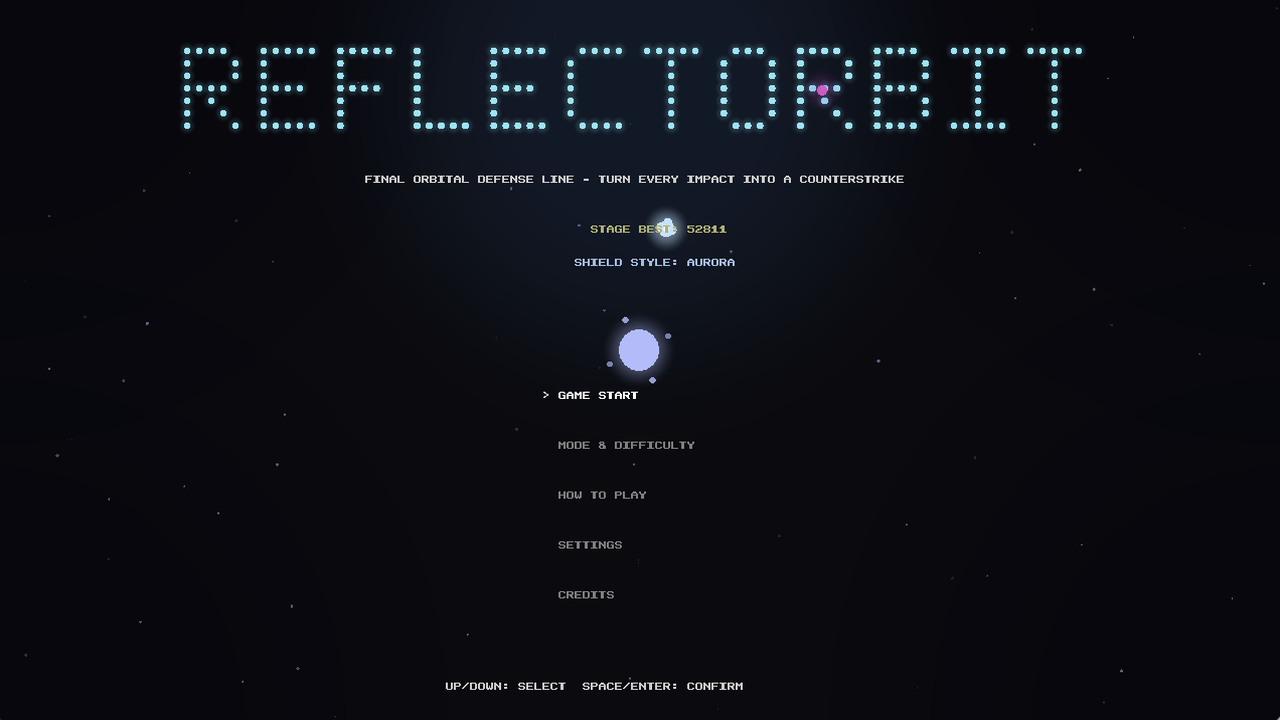 タイトル画面。カーソル選択式メニュー（GAME START / MODE & DIFFICULTY / HOW TO PLAY / SETTINGS / CREDITS）とアンビエントな星空背景
